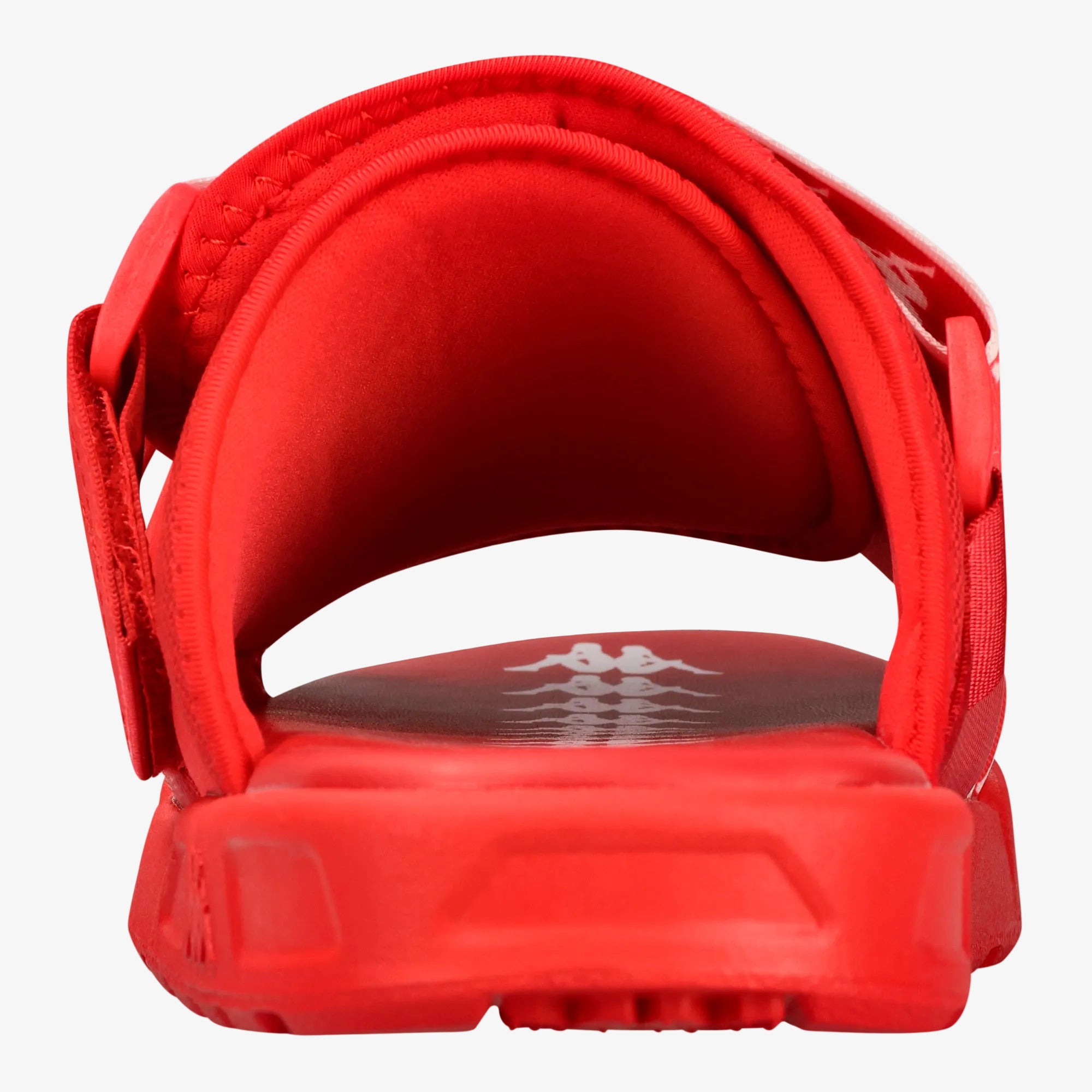 A close-up rear view of a red slide sandal, showing the padded footbed, strap, and molded sole against a white background.
