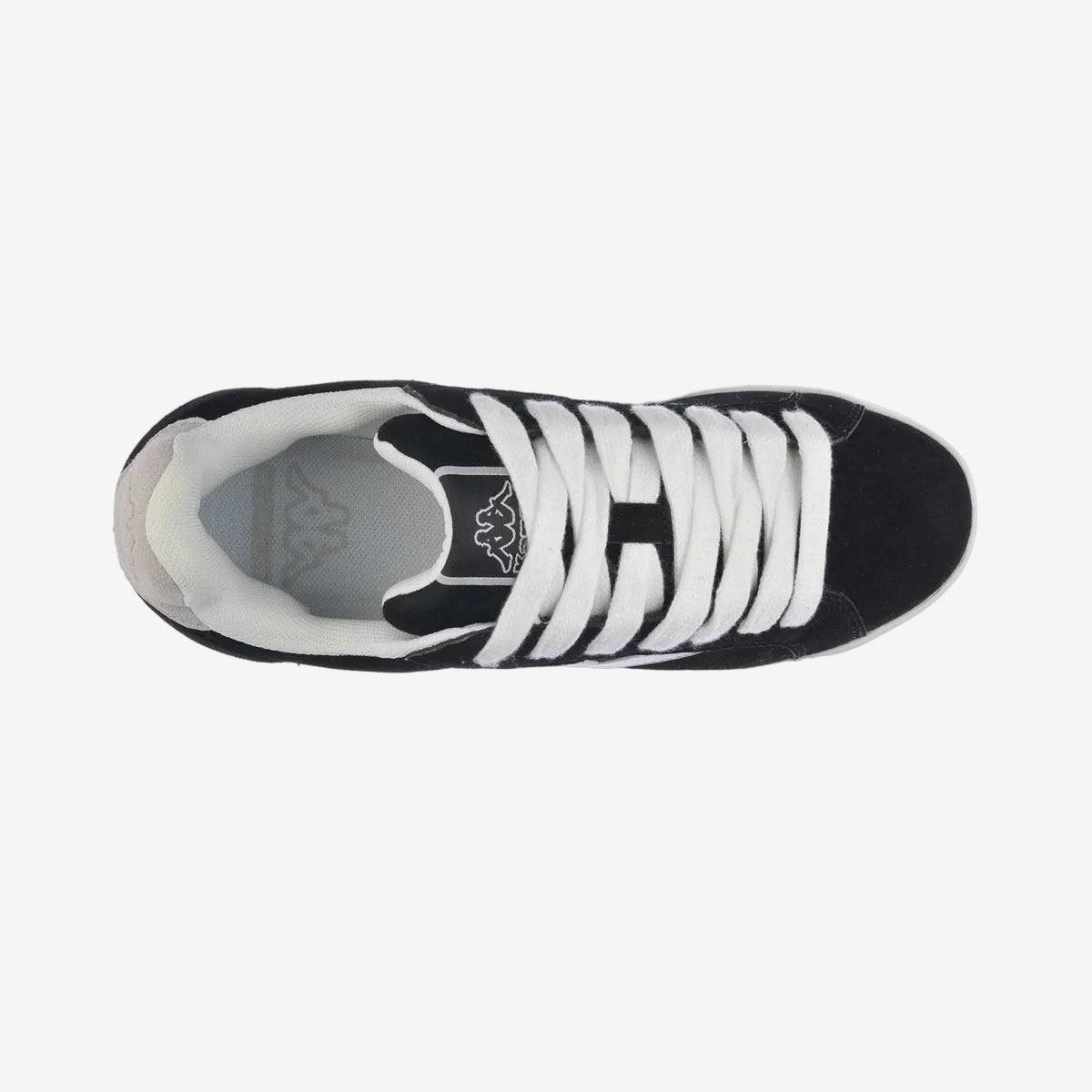 Black and white sneaker from above on a white background