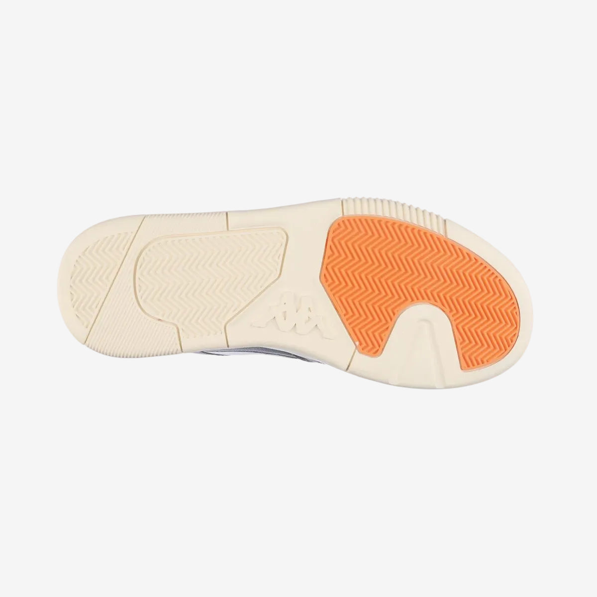 Sole of a shoe with orange sole and beige heel tab on a white background