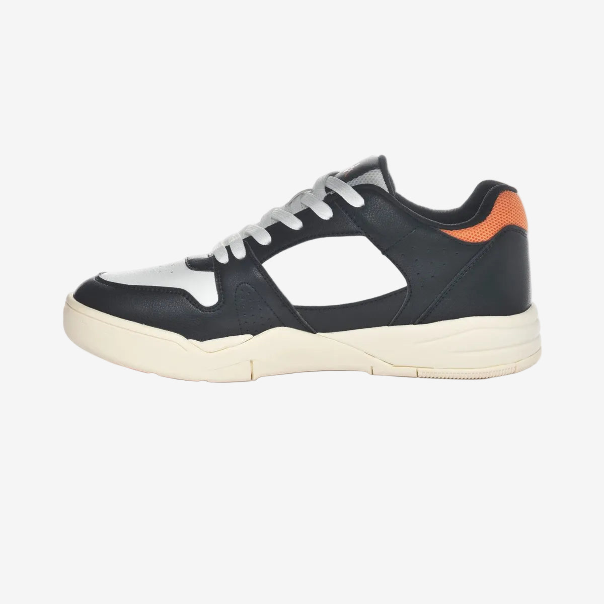 Black and white sneaker with orange accents on a white background