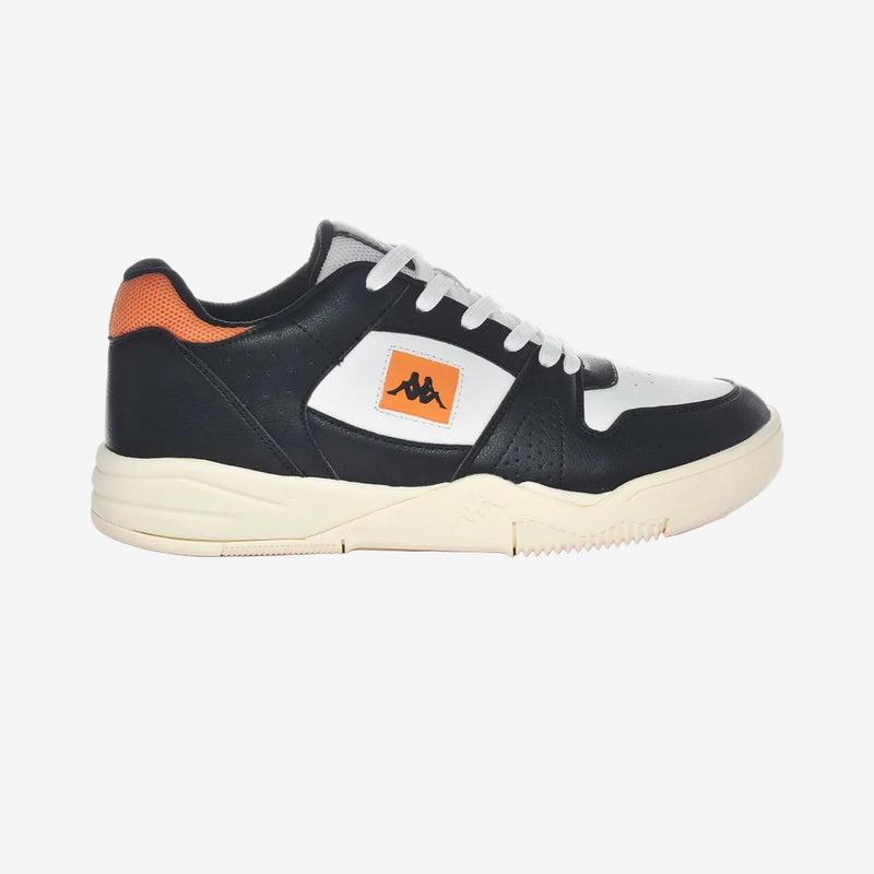 A pair of low-top sneakers with white lace-up straps, black and orange synthetic material, and a rubber outsole.