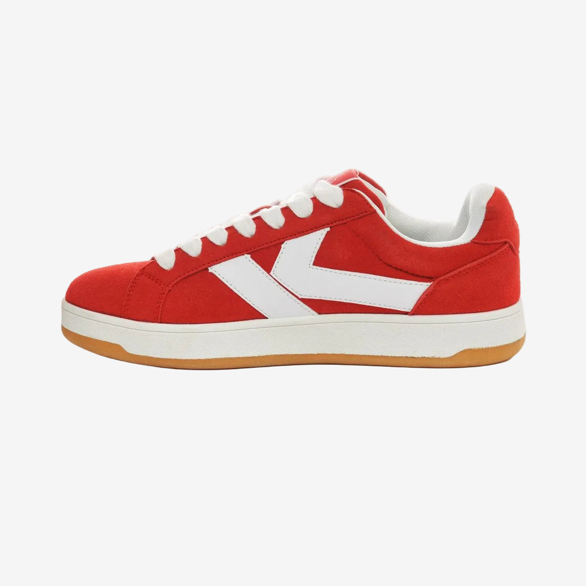 Red Kappa Sneakers. Side view with toe facing to the left. White K logo on side.