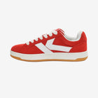 Red Kappa Sneakers. Side view with toe facing to the left. White K logo on side.