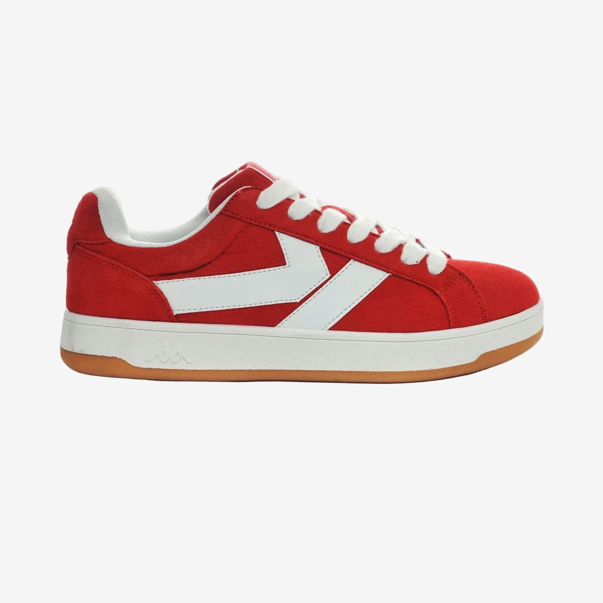 Red Kappa Sneakers. Side view with toe facing to the right. White K logo on side.
