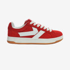 Red Kappa Sneakers. Side view with toe facing to the right. White K logo on side.