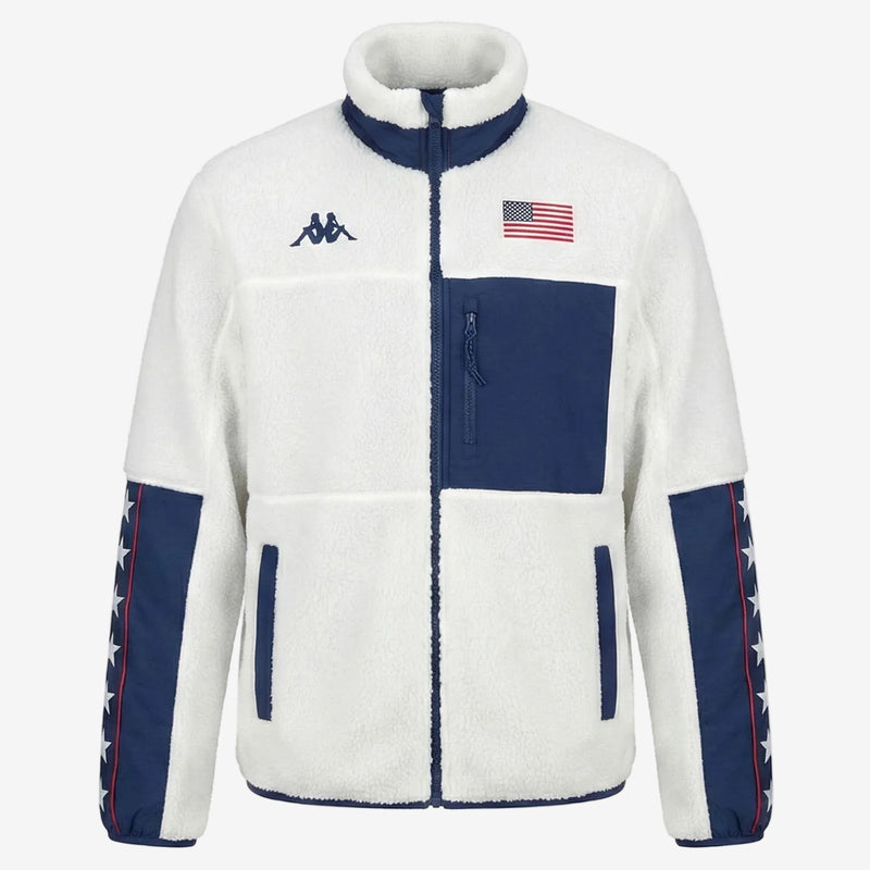 White and blue jacket with American flag design on a white background