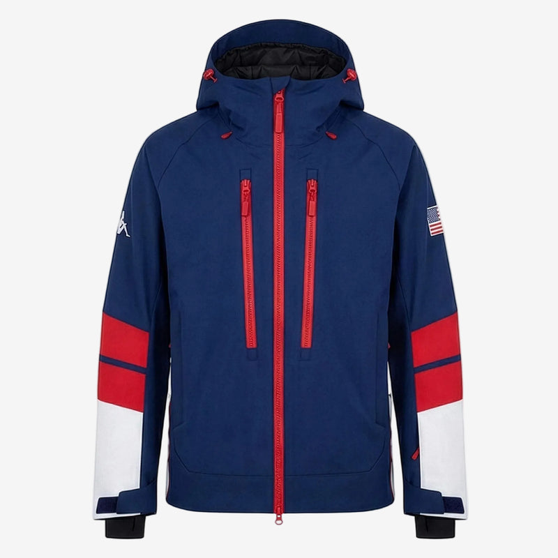 Blue jacket with red and white accents on a white background
