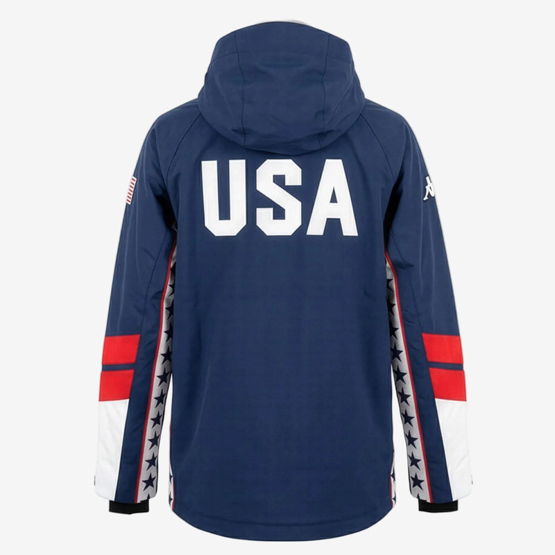 Navy blue jacket with 'USA' printed on the back, featuring red and white accents.