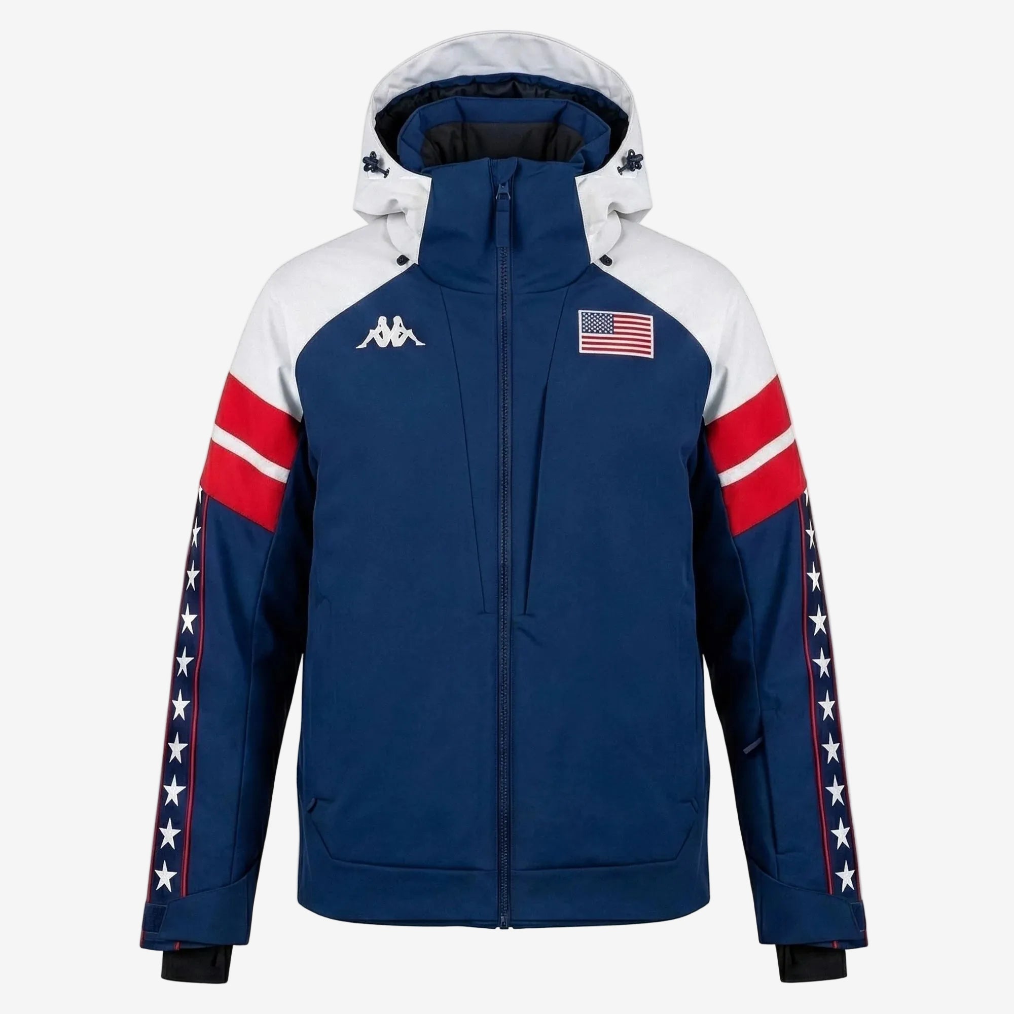 Blue and white jacket with American flag design on a white background