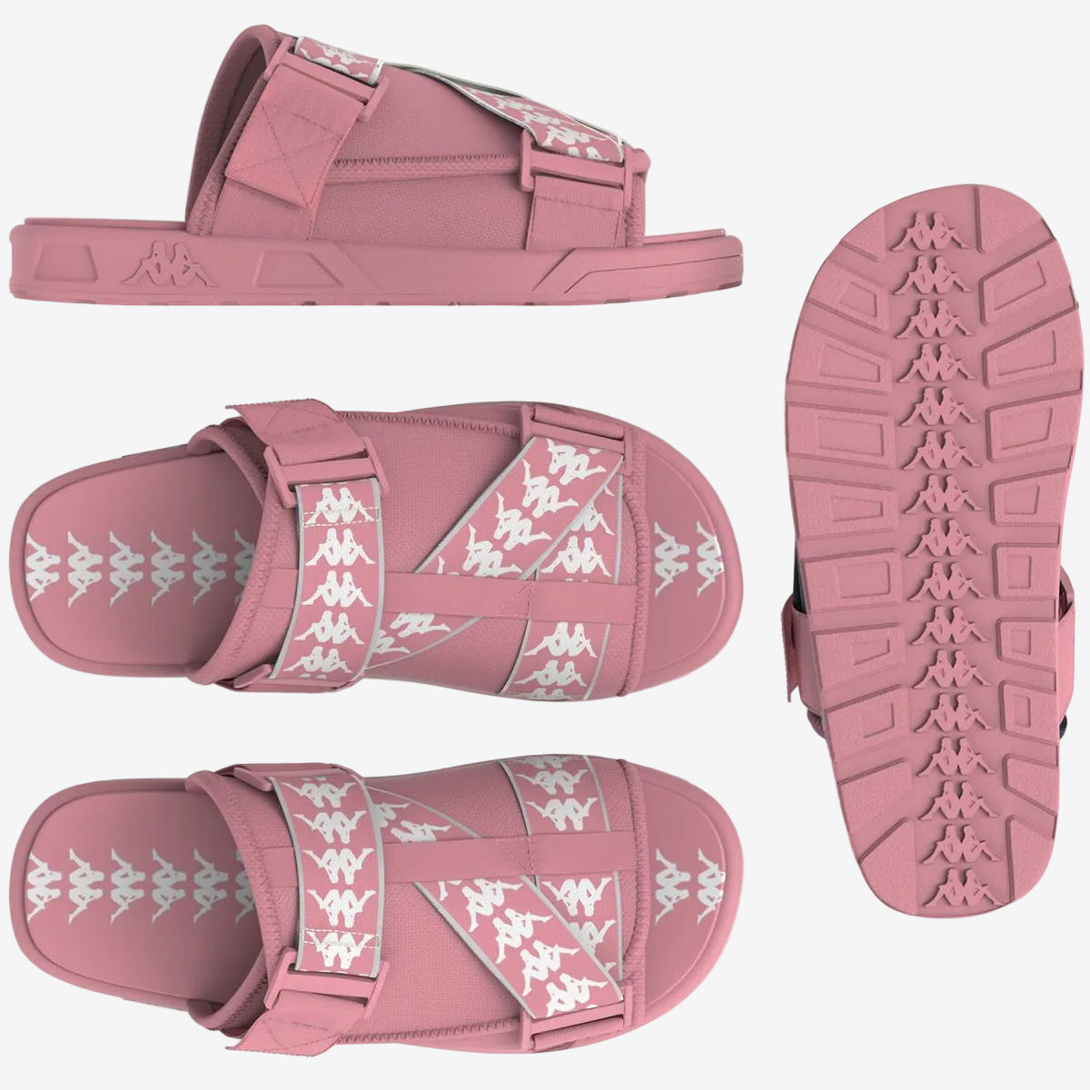 A pair of pink slides with white and grey geometric pattern on the strap and sole.