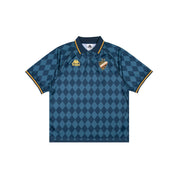 Blue checkered polo with gold detailing with golden Kappa logo and crest.