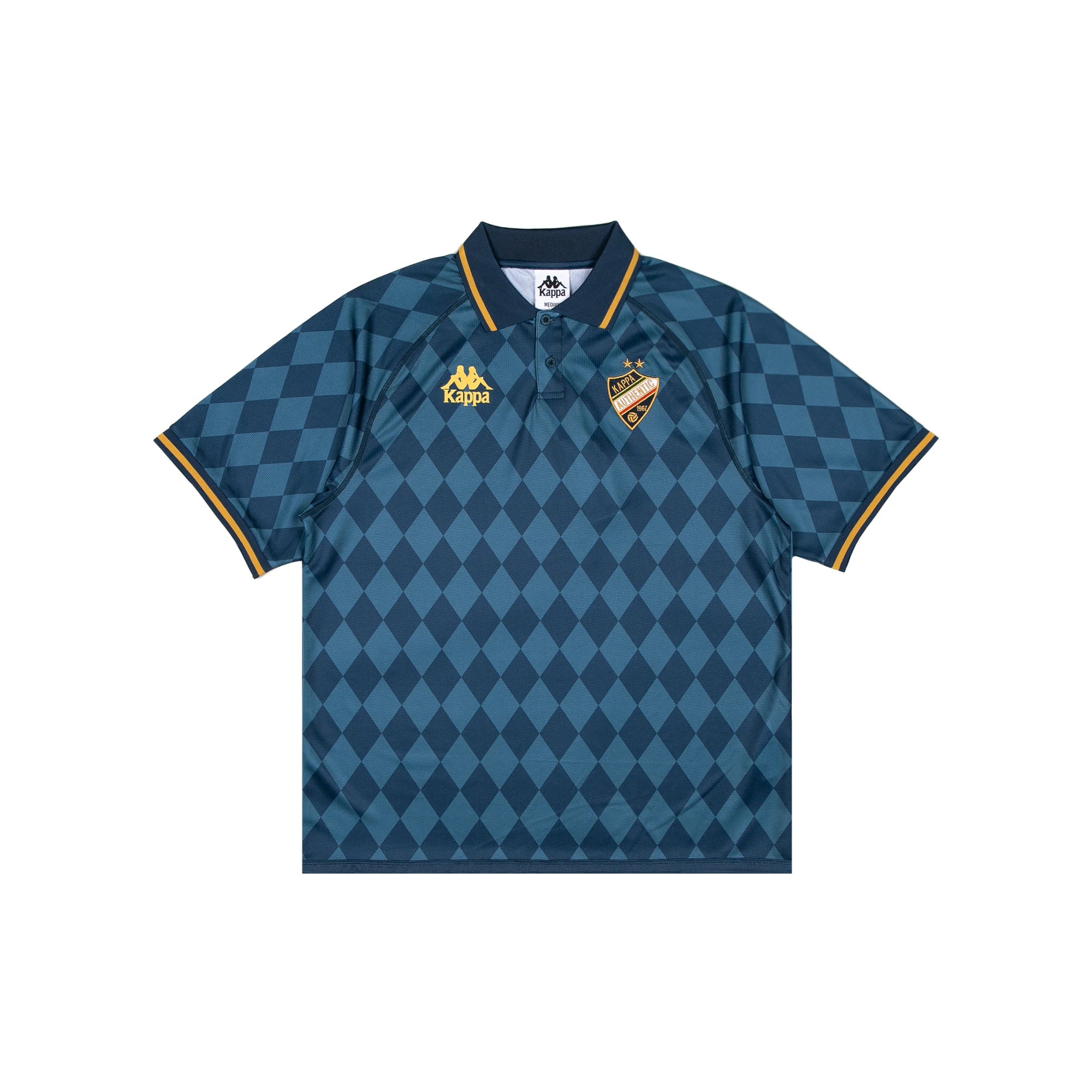 Blue checkered polo with gold detailing with golden Kappa logo and crest.