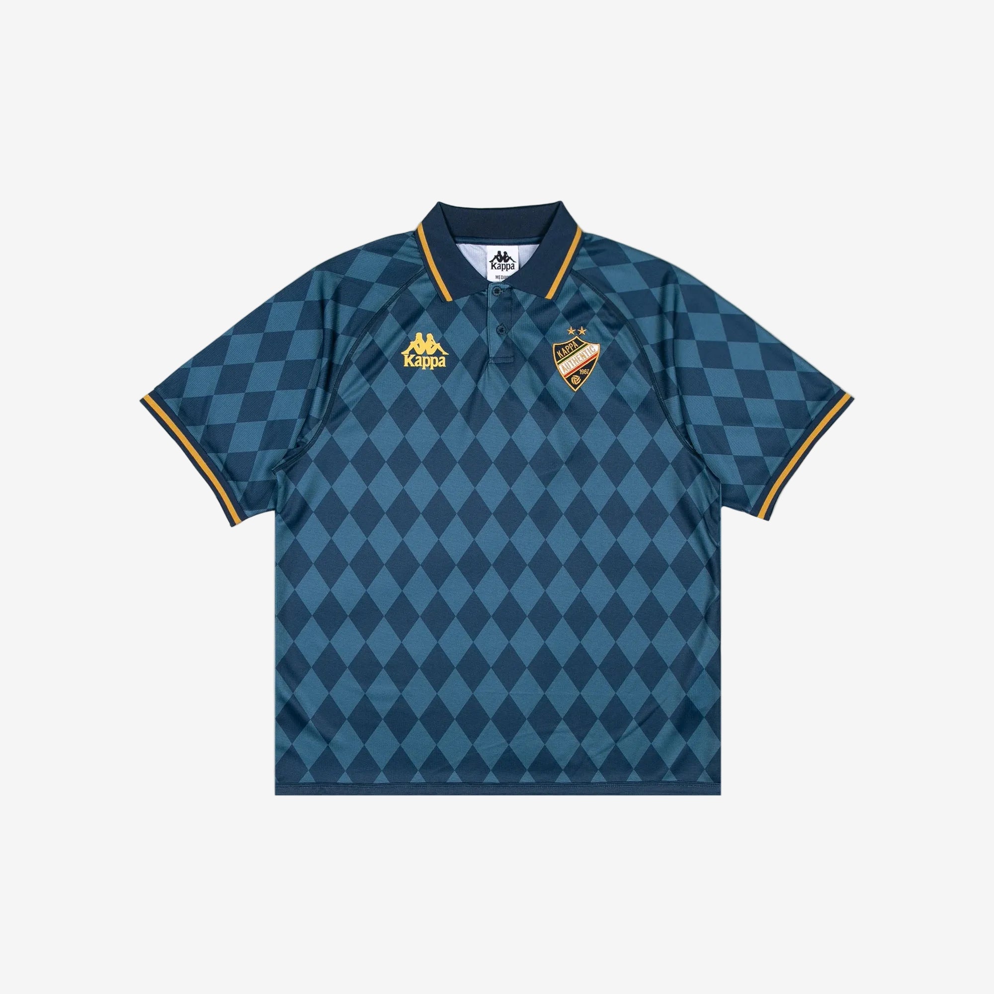Blue checkered polo with gold detailing with golden Kappa logo and crest.