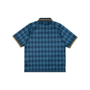 Blue checkered polo with gold detailing. Back view.