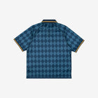 Blue checkered polo with gold detailing. Back view.
