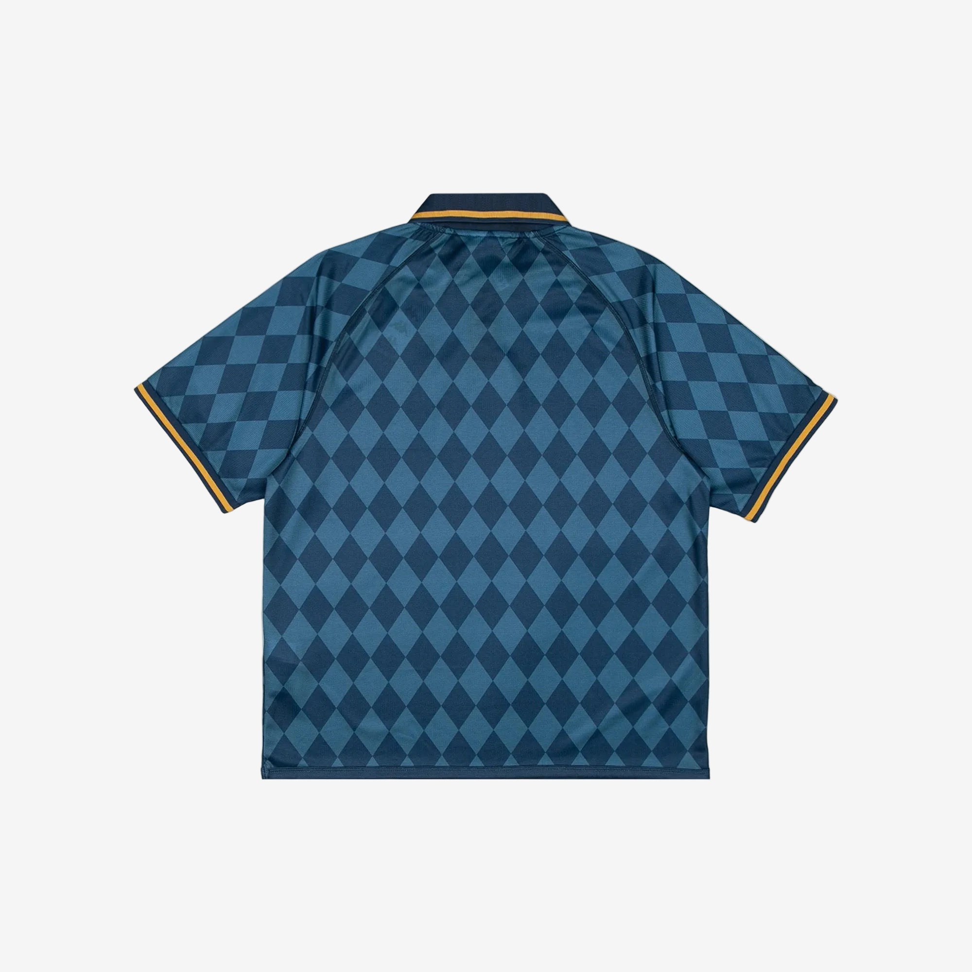 Blue checkered polo with gold detailing. Back view.