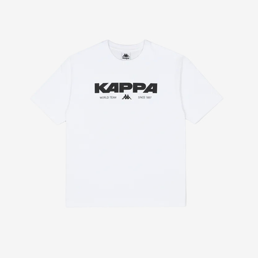 White T-Shirt with black Kappa lettering and logo on front.