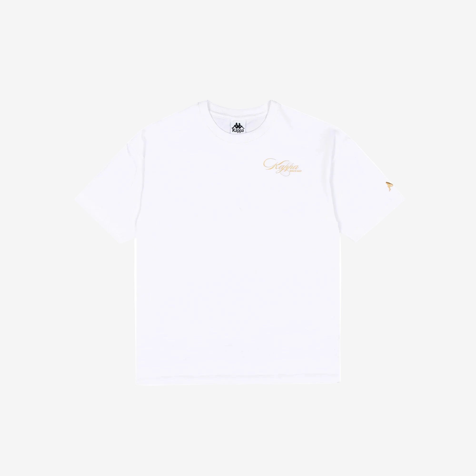 White t-shirt with Kappa lettering in rich gold yellow. Front view.