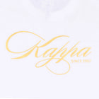White t-shirt with Kappa lettering in rich gold yellow. Detail view.
