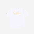 White t-shirt with Kappa lettering in rich gold yellow. Back view.