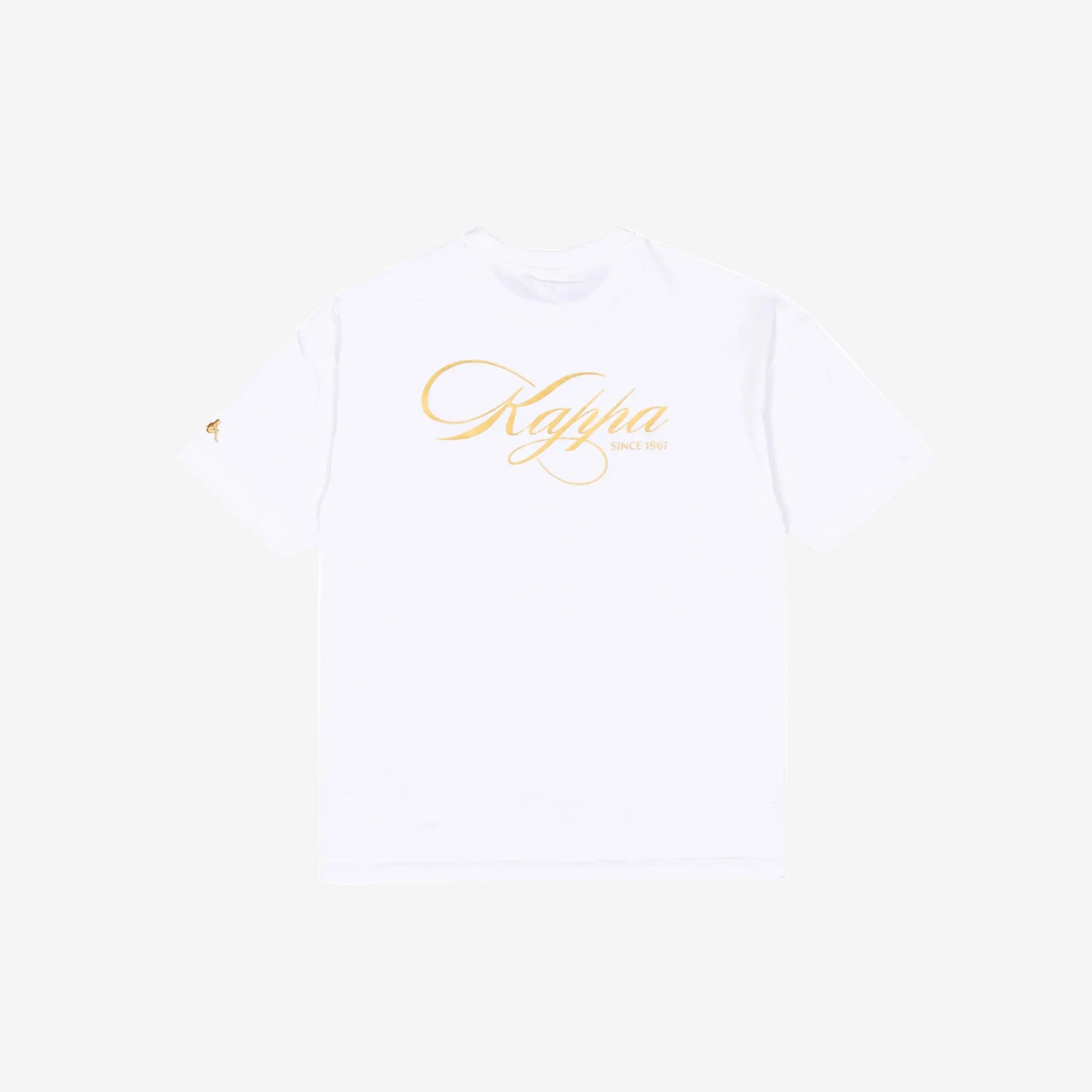 White t-shirt with Kappa lettering in rich gold yellow. Back view.