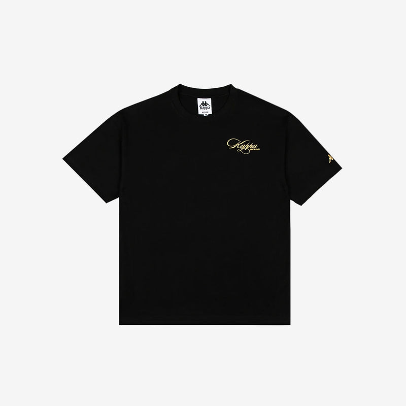Black t-shirt with Kappa lettering in rich gold yellow. Front view.