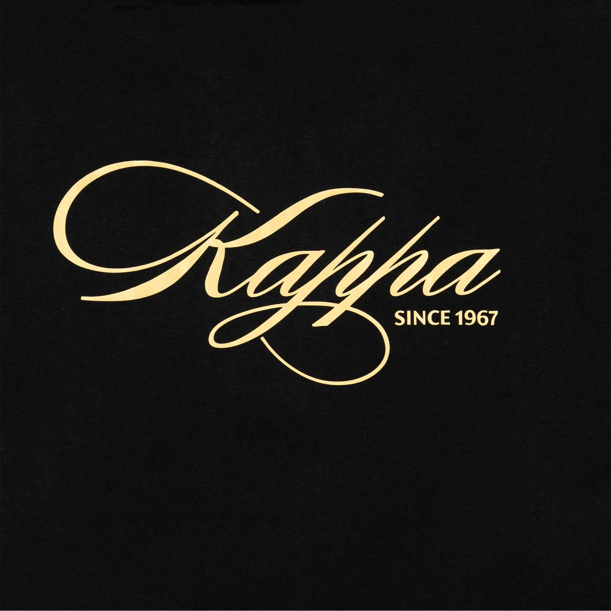 Black t-shirt with Kappa lettering in rich gold yellow. Detail view.