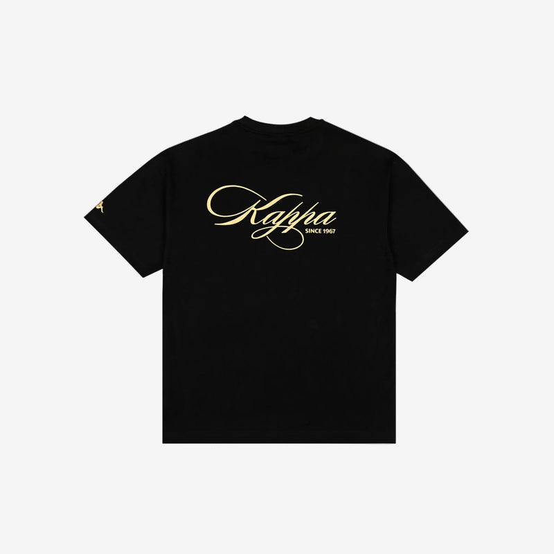 Black t-shirt with Kappa lettering in rich gold yellow. Back view.