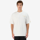 Man wearing white Kappa t-shirt with gold script on front left side and gold omini logo on left sleeve. Front view.