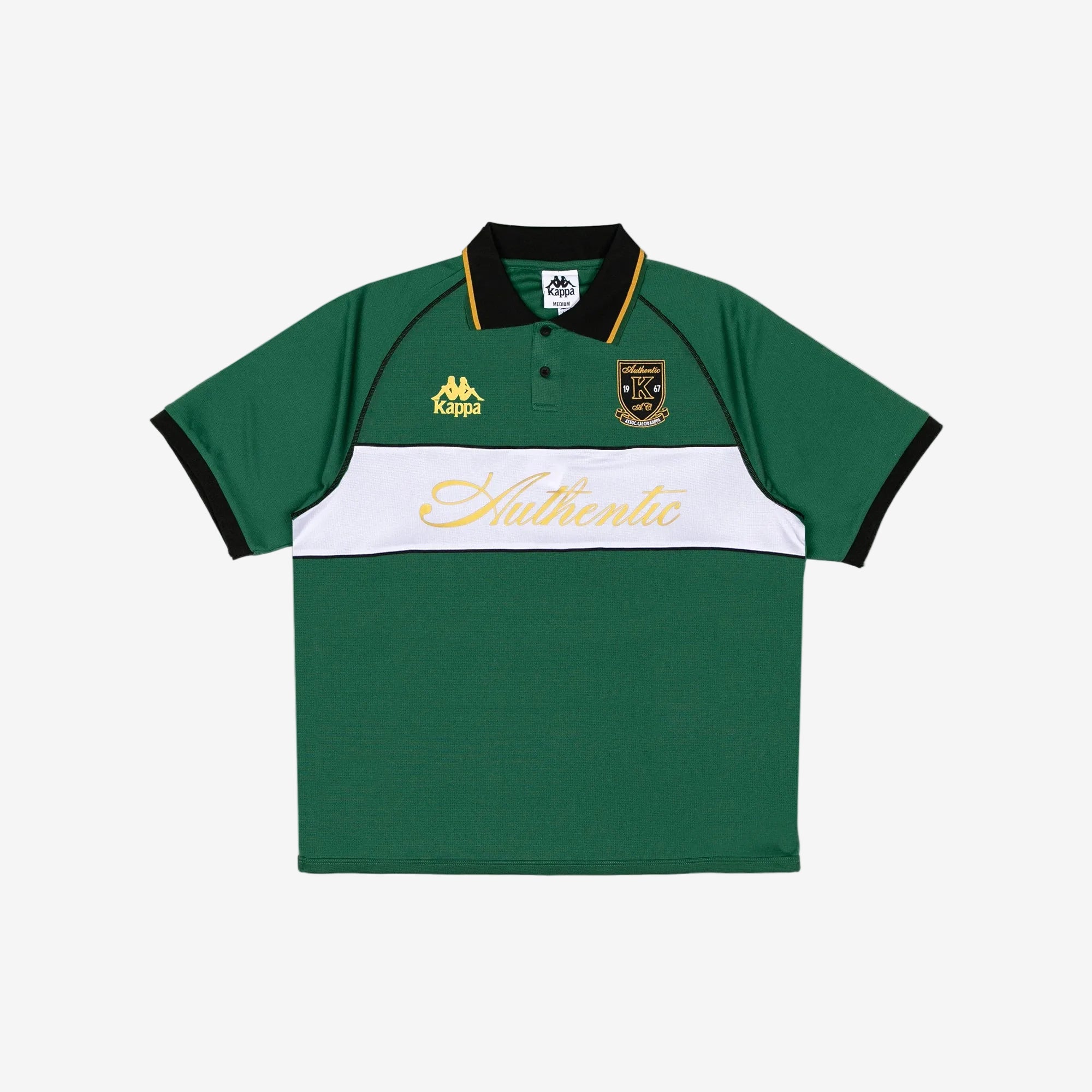 Green Polo with black, white, and gold detailing. Front reads Authentic with Kappa logos.