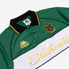 Green Polo with black, white, and gold detailing. Front reads Authentic with Kappa logos.