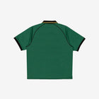 Green Polo with black, white, and gold detailing. Back view.