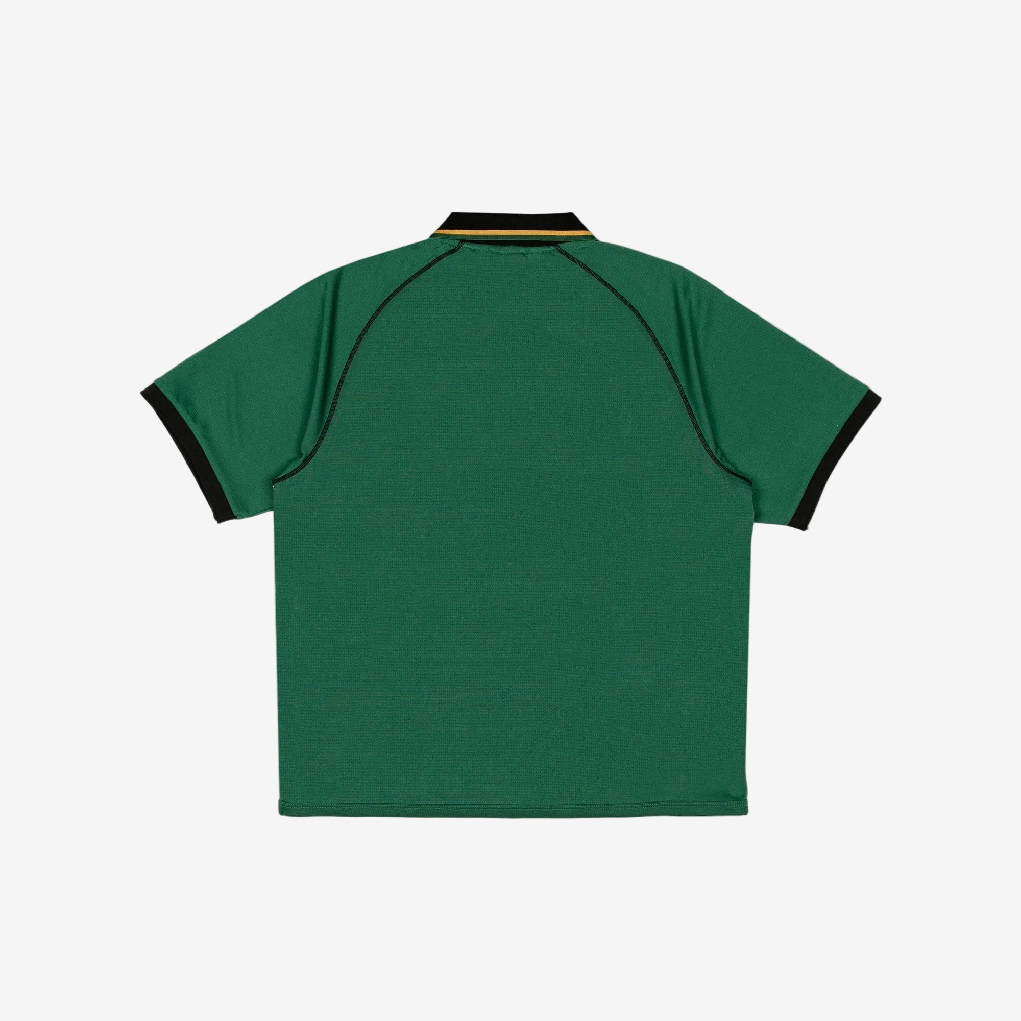 Green Polo with black, white, and gold detailing. Back view.