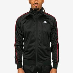 Black tracksuit with red accents on a white background