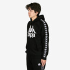Person wearing a black Kappa hoodie with white branding on a white background