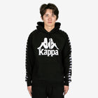 Person wearing a black hoodie with Kappa logo on a white background