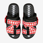 Black sandals with red and white patterned straps on a white background
