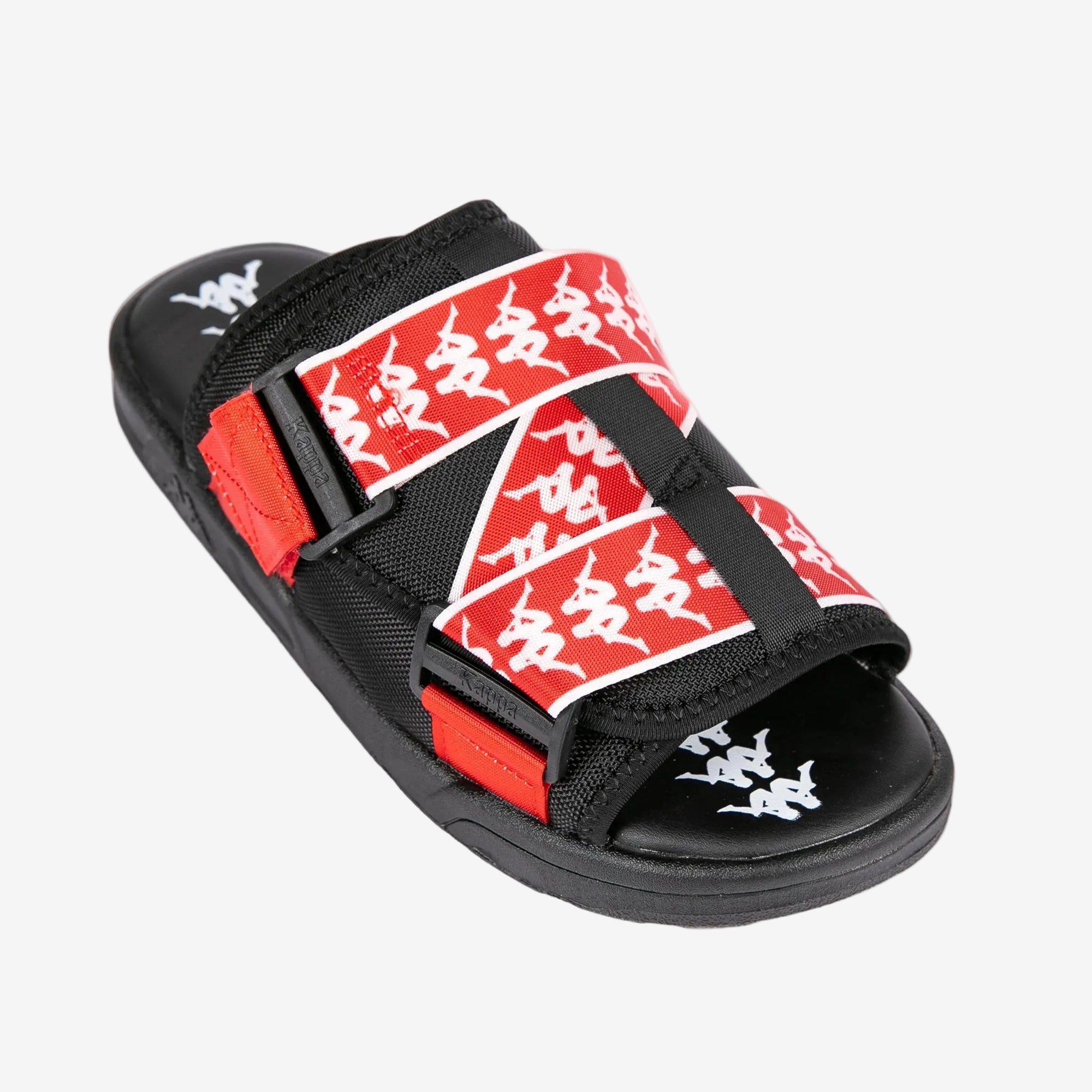 Black slide sandal with red and white strap design on a white background