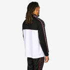 Person wearing a black and white jacket with red accents on a white background