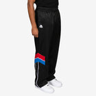 Black track pants with a colorful logo on a white background