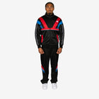 Person wearing a black tracksuit with red and blue accents on a white background