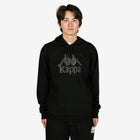 Person wearing a black Kappa hoodie on a white background