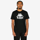 Person wearing a black Kappa t-shirt on a white background