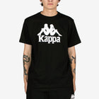 Person wearing a black Kappa t-shirt on a white background