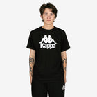 Person wearing a black Kappa t-shirt with a white logo on a white background