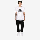 Person wearing a white Kappa t-shirt and black pants on a white background