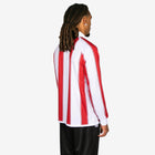 Person wearing a red and white striped long-sleeve shirt on a white background