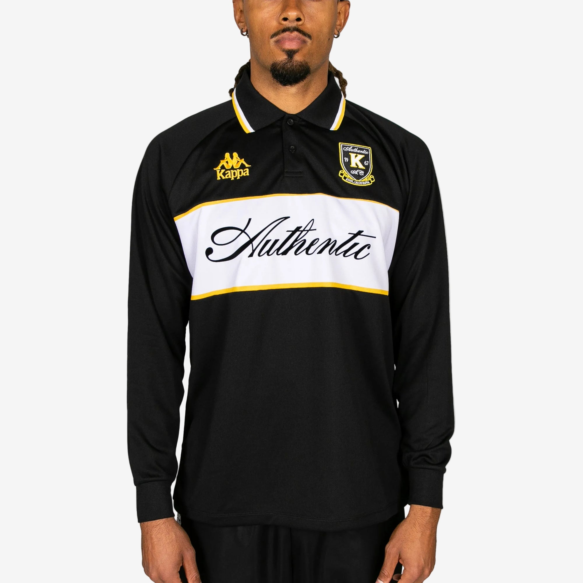 Black and white long-sleeve shirt with 'Authentic' text and Kappa logo on a white background