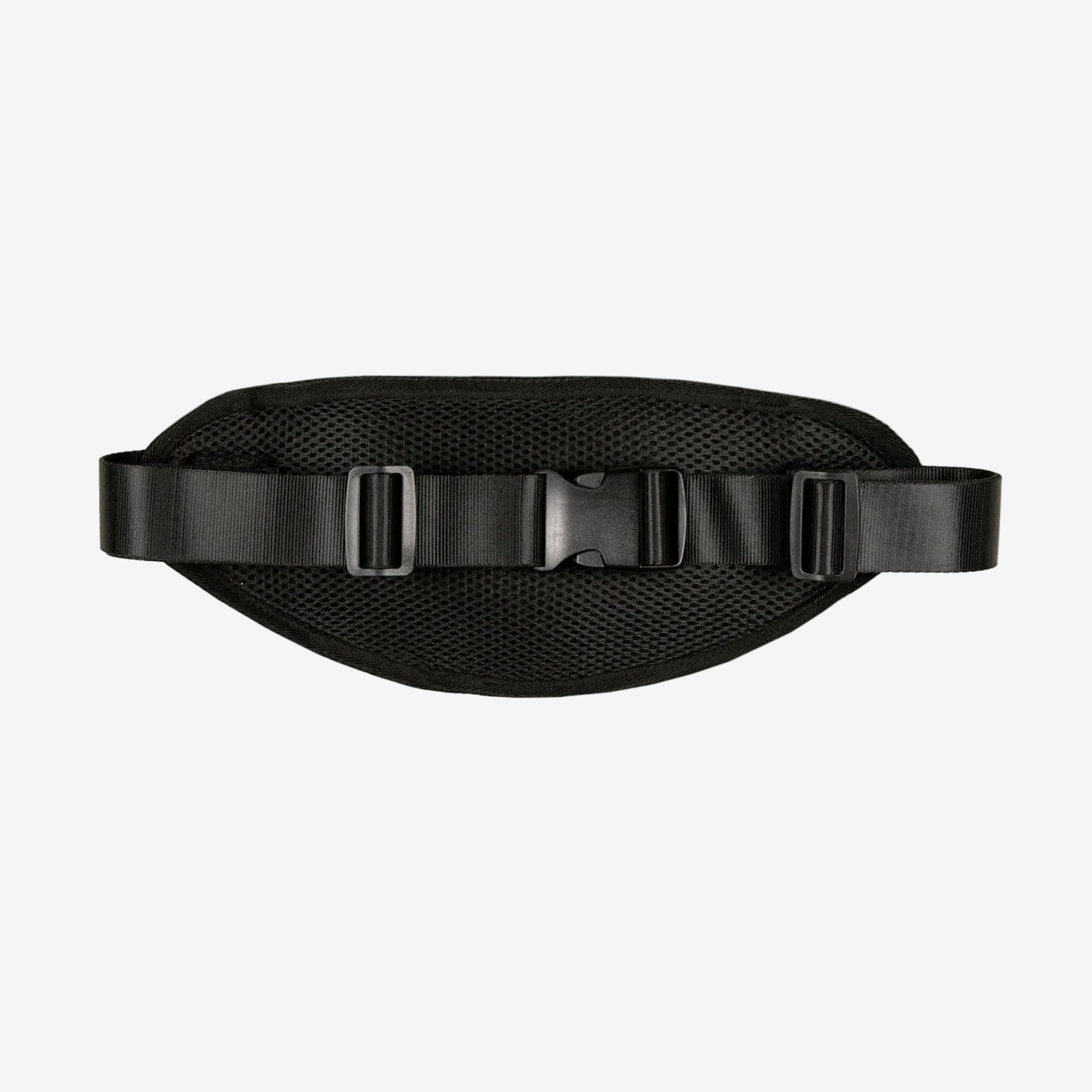 Black waist bag with a buckle on a white background