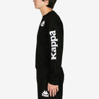 Person wearing a black long-sleeve shirt with Kappa branding on a white background